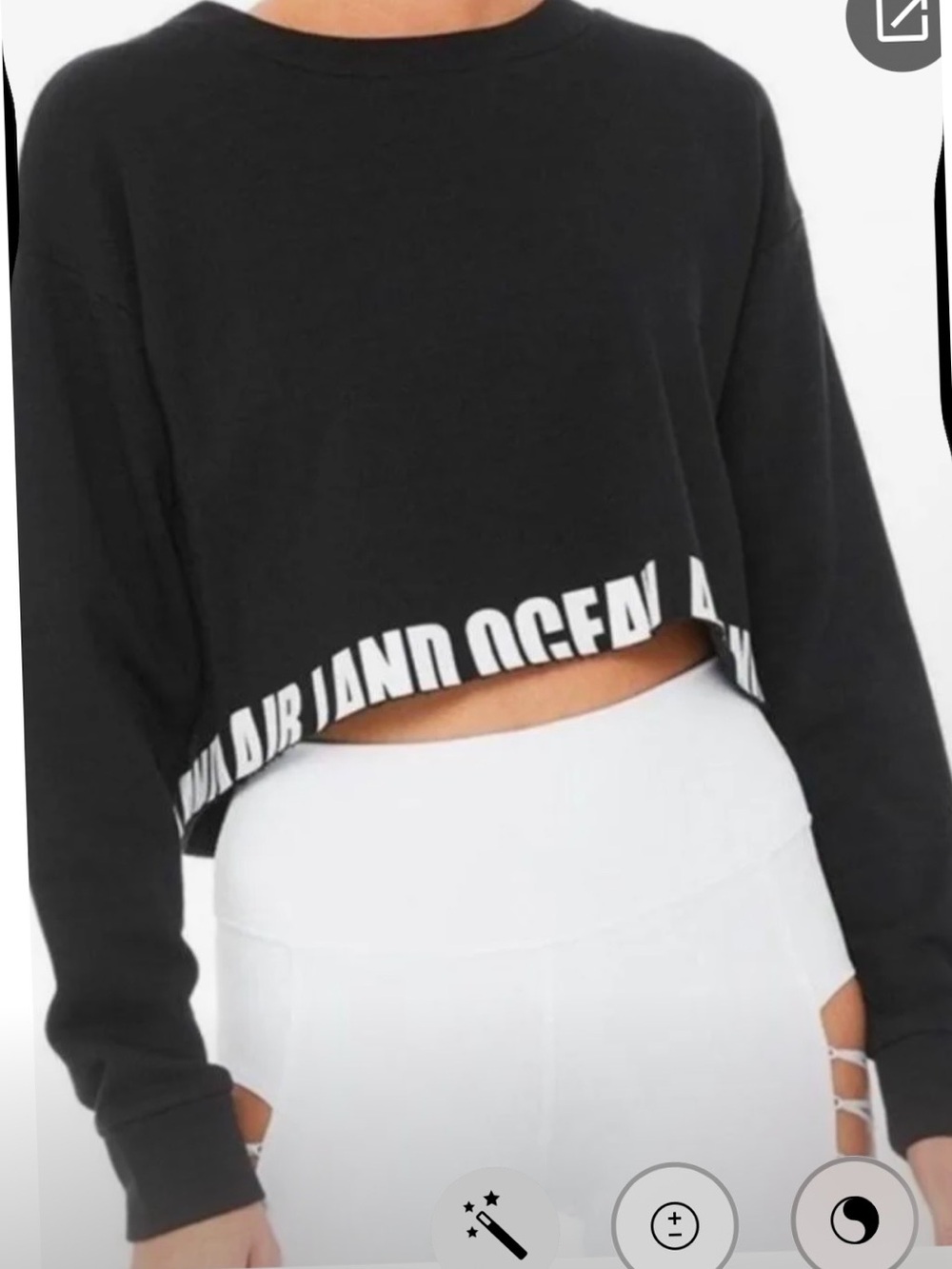 ALO Yoga Black Ocean and Air Cropped Long-Sleeve Top with White Hem Text